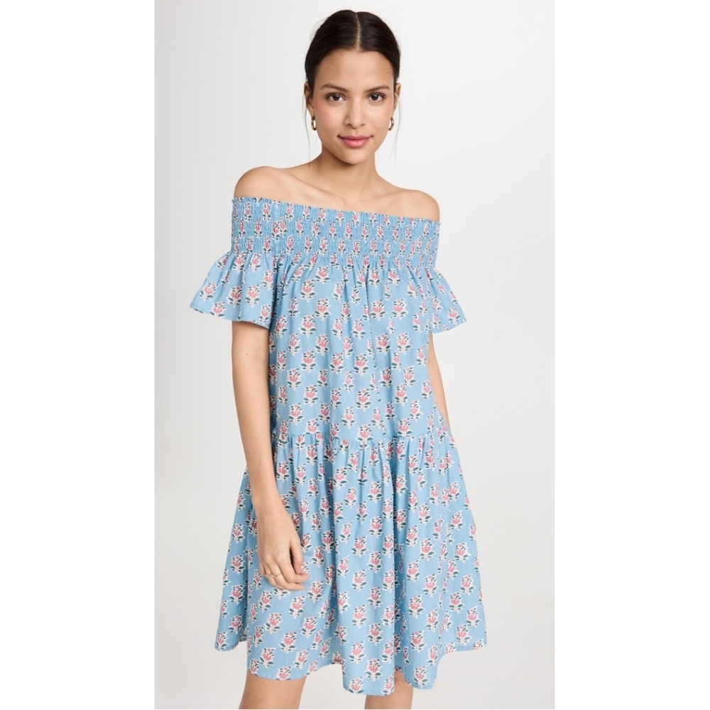 NEW Marea Blue Floral Louise Shortie Off The Shoulder Smocked Dress Size Small